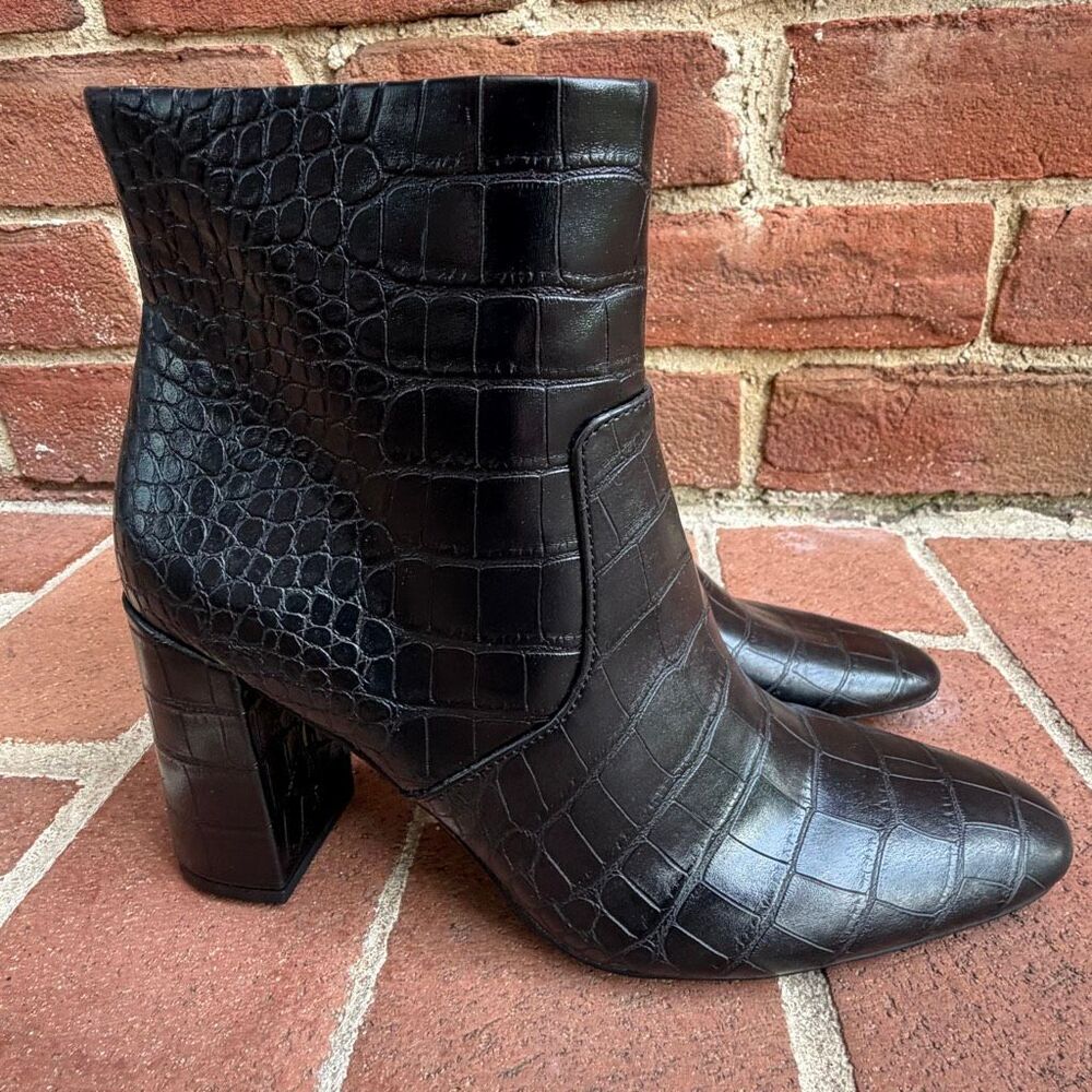 Mango Caleo Croc Embossed Leather Block Heel Ankle Boots Black Size 39 NEW